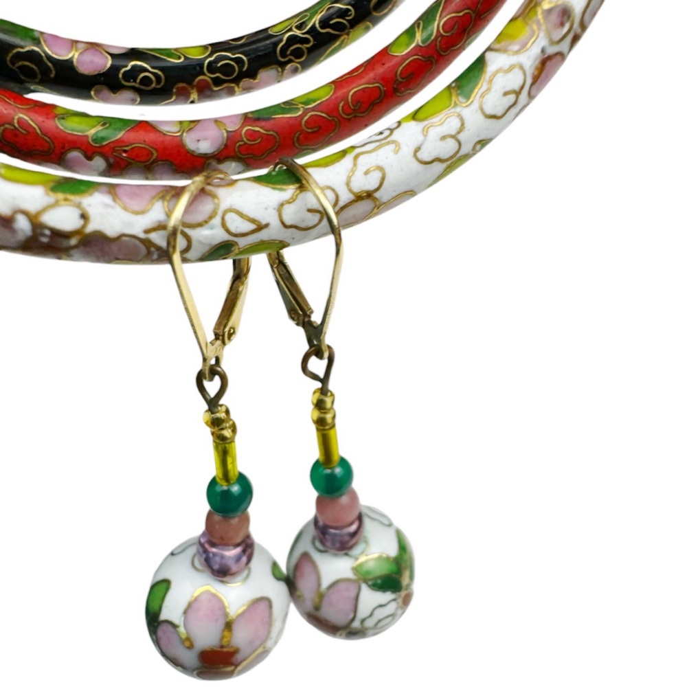 14K Gold Cloisonné Drop Earrings and 4 Bangles Set